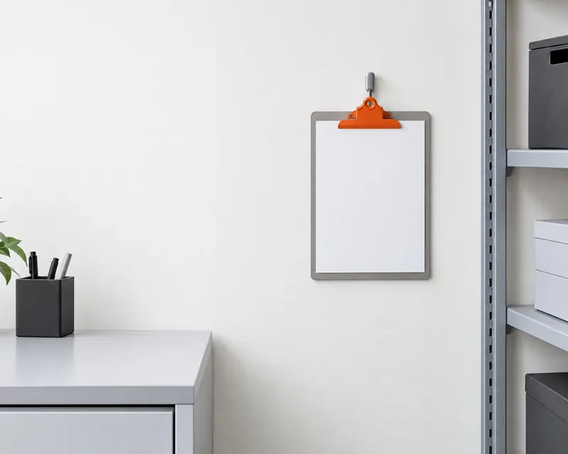 A clipboard of blank paper hanging on a hook in a small warehouse office, its clip orange.